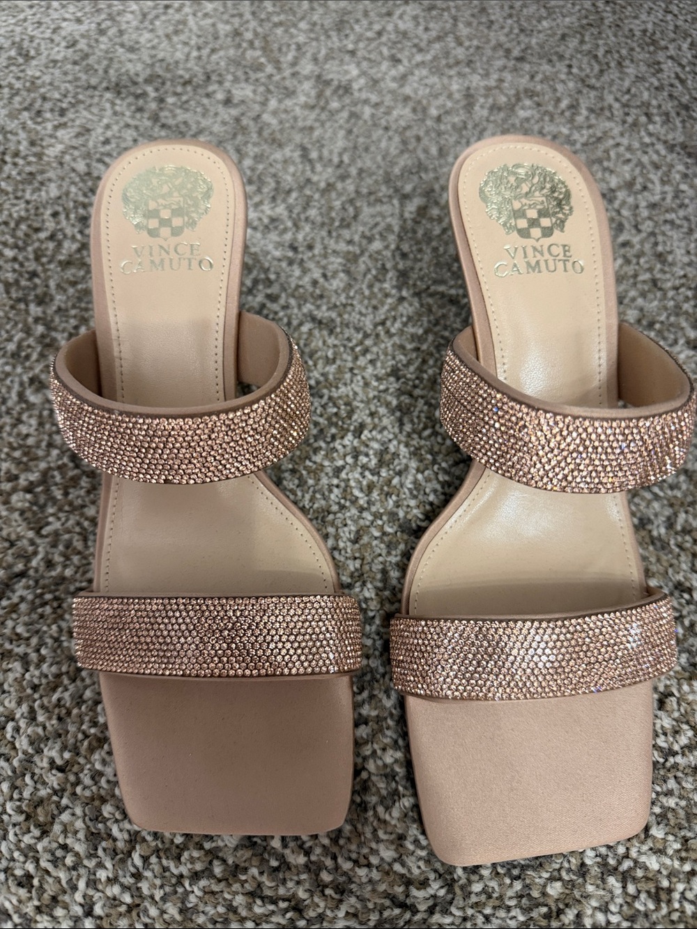 Vince Camuto Rose Gold Crystal Double-Strap Slide Mules